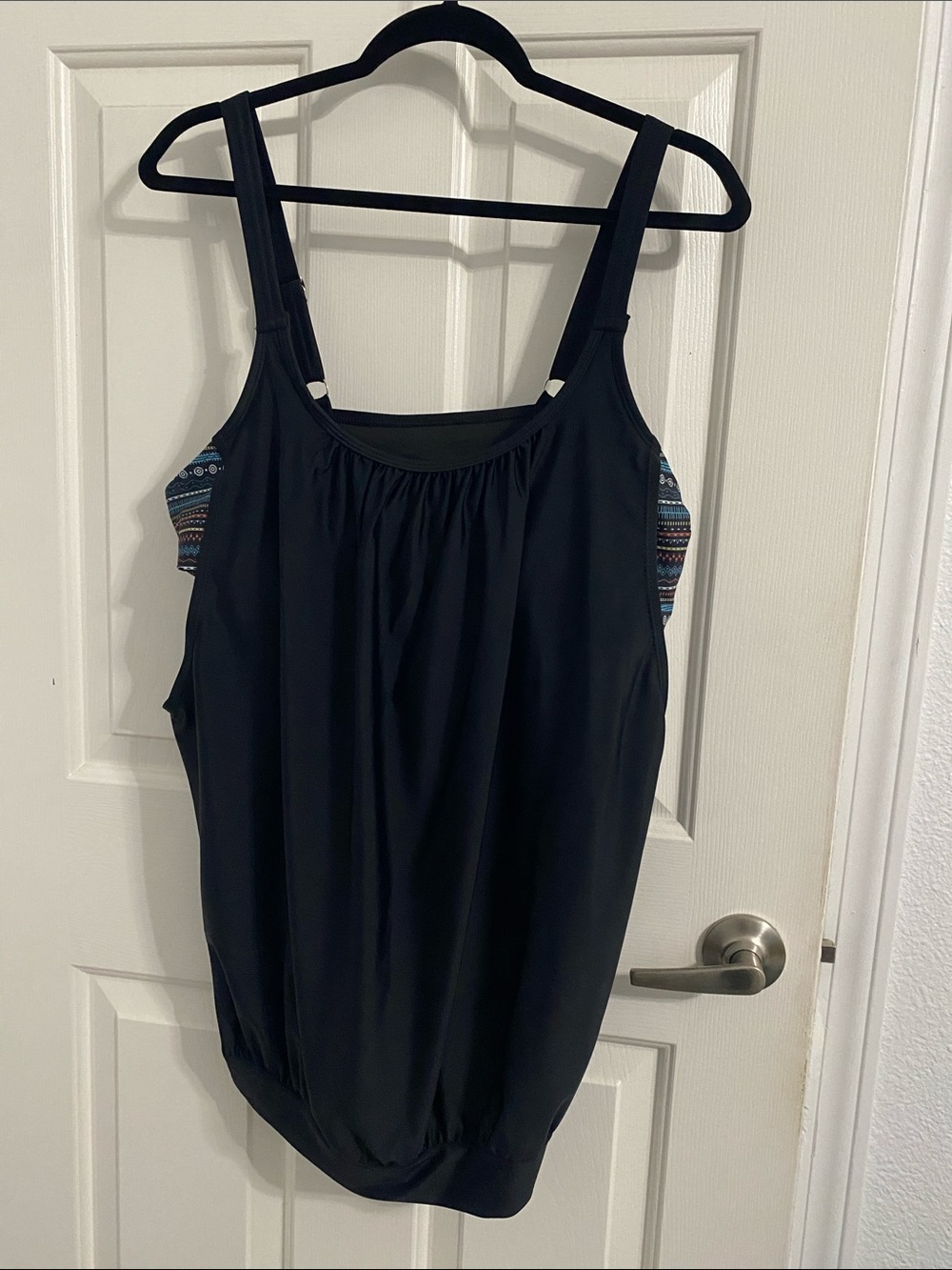 BloomChic Black Swim Tank Top with Multicolor Patterned Side Panels